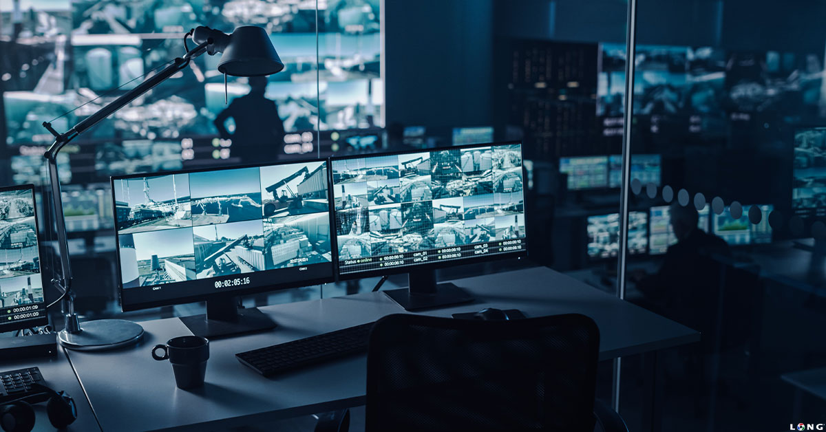 Screens of video cameras monitoring in a security room